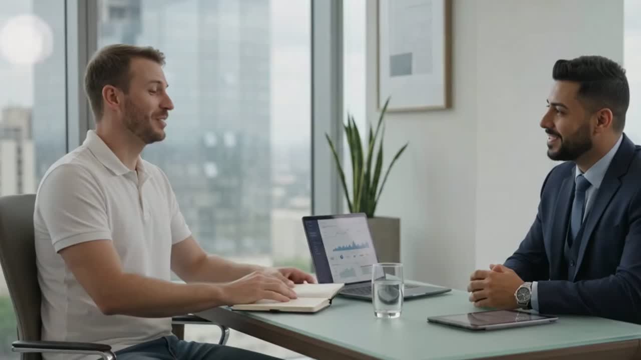 Nathan Reis apertando a mão de um cliente ao fechar um acordo